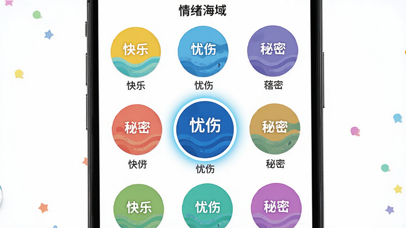 主体:手机界面展示“情绪海域”选择页面,有多个圆形图标分别标有“快乐”“忧伤”“秘密”等字样,每个图标颜色不同。布局:网格排列,中央高亮显示“忧伤”海域。排版:图标下方有文字说明。风格:清新扁平风,色彩明快。细节:每个海域图标有波浪纹理,当前选中项有放大效果,画面干净无多余元素。画质:高清,色彩饱满,背景纯净。