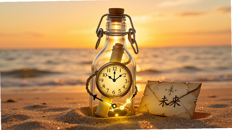 主体:一个带有锁扣的漂流瓶被放置在沙滩上,瓶身缠绕着发光的时钟指针,旁边有一封旧信封。布局:主体居中,背景为日落海面。排版:元素简洁,突出时间感。风格:写实与插画结合,暖色调。细节:瓶内透出黄色光芒,时钟指针指向十二点,信封上有“未来”字样,画面干净无多余元素。画质:高清,光影细腻,背景纯净。