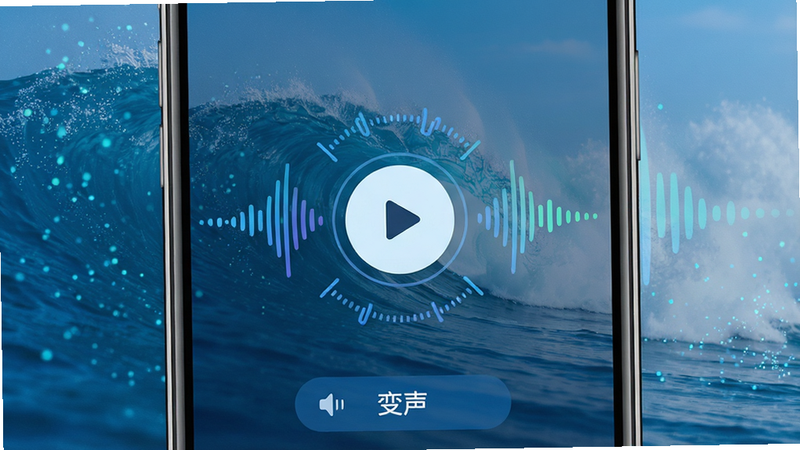 主体:手机屏幕显示语音播放界面,中央有一个圆形播放按钮,周围有音频波形动态效果,背景是海浪图案。布局:居中对称,底部有“变声”选项。排版:简洁直观。风格:现代简约,蓝色系。细节:波形颜色随音量变化,海浪背景有动态粒子,画面干净无多余元素。画质:高清,动效流畅,背景纯净。