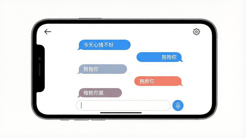 主体:手机横屏显示耳语漂流瓶的聊天界面,界面中有多条对话气泡,气泡内文字内容为“今天心情不好”“抱抱你”等。布局:屏幕中央为对话区域,顶部有返回键和设置图标。排版:气泡左右分布,色彩区分。风格:简洁扁平,白色背景,蓝色气泡。细节:气泡有圆角,底部有输入框和麦克风图标,画面干净无多余元素。画质:高清,界面清晰,背景纯净。