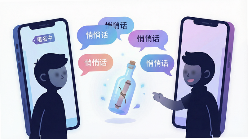 主体:两个卡通人物剪影分别站在手机屏幕两端,各自向屏幕中央的漂流瓶发送对话气泡,气泡内为“悄悄话”字样。布局:左右对称,中间放置发光漂流瓶。排版:对话气泡错落有致,色彩柔和。风格:扁平插画风,蓝紫渐变主色调。细节:人物面部模糊处理,强调匿名感,屏幕上有“匿名中”小标签,画面干净无多余元素。画质:高清,柔和光效,纯净背景。