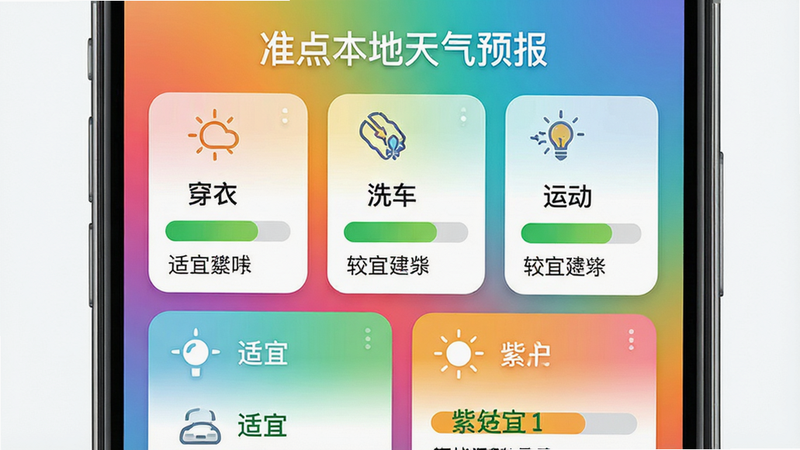 主体:手机屏幕展示生活指数卡片,包括穿衣、洗车、运动、紫外线等;布局:卡片式排列,每个卡片有对应图标与等级条,背景为多彩渐变;排版:图标醒目,文字简练,顶部有“准点本地天气预报”字样;风格:清新卡通风,色彩丰富但不杂乱;细节:每个卡片显示指数等级与建议,如“适宜”“较适宜”;画质:高清,元素干净,无多余装饰