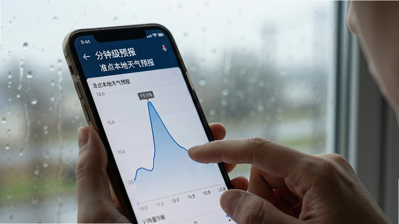 主体:用户正在查看准点本地天气预报的分钟级降雨曲线,背景为窗外阴天;布局:手机屏幕特写,曲线图清晰可见,背景虚化;排版:屏幕上有“分钟级预报”和“准点本地天气预报”字样;风格:写实摄影风格,室内光线自然;细节:用户手指轻触屏幕,曲线显示雨量峰值;画质:高清,干净,无多余元素