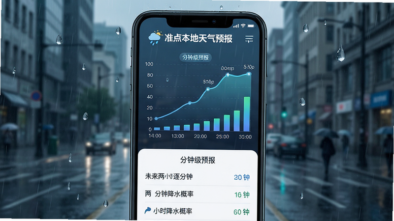 主体:手机屏幕展示分钟级降雨预报曲线图,背景为阴雨城市街道;布局:曲线图占据上半部分,下方列出未来两小时逐分钟降水概率;排版:图表线条流畅,数据标注清晰,顶部显示“准点本地天气预报”Logo;风格:写实与UI结合,色调偏冷,雨滴元素点缀;细节:图表有雨量柱状图,时间轴刻度,界面有“分钟级预报”标签;画质:细腻逼真,干净无冗余元素