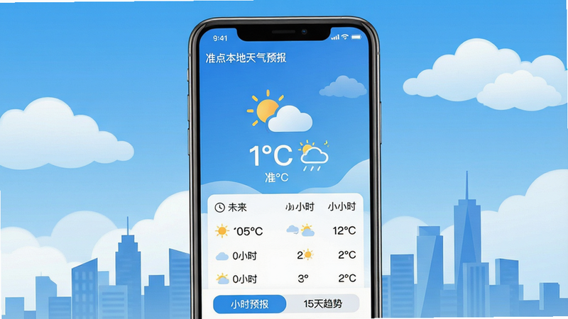 主体:手机屏幕展示准点本地天气预报App界面,背景为晴朗蓝天白云与城市天际线;布局:中央大图标显示当前温度与天气状况,下方为未来几小时预报列表,整体界面简洁清晰;排版:信息层级分明,温度数字突出,图标与文字搭配合理;风格:现代扁平化设计,色彩清新明快,以蓝色和白色为主色调;细节:界面左上角显示“准点本地天气预报”字样,底部有“小时预报”“15天趋势”等标签;画质:高清渲染,干净无多余元素,适合应用商店宣传图
