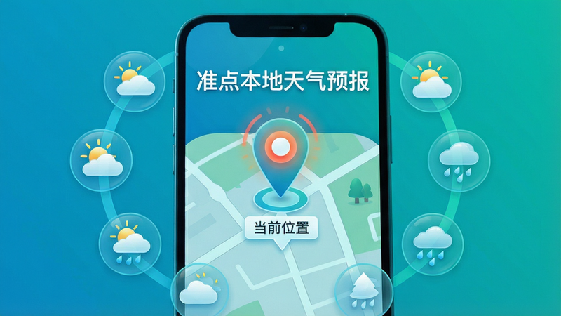 主体:手机地图上显示定位标记,周围有天气图标环绕;布局:地图居中,天气图标沿四周分布,形成环形排列;排版:清晰展示“准点本地天气预报”字样,定位标记闪烁;风格:科技感插画风,蓝绿色调,明亮通透;细节:天气图标包含太阳、云朵、雨滴等,地图上标注“当前位置”;画质:高分辨率,干净整洁,无多余元素