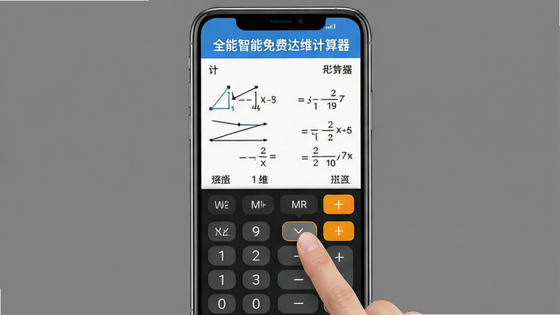全能智能免费达维计算器使用教程示意图,展示手机竖屏操作界面,手指点击科学计算按钮,屏幕显示三角函数计算过程,背景为纯灰色,界面简洁清晰,突出软件名称“全能智能免费达维计算器”,画质高清,无多余元素