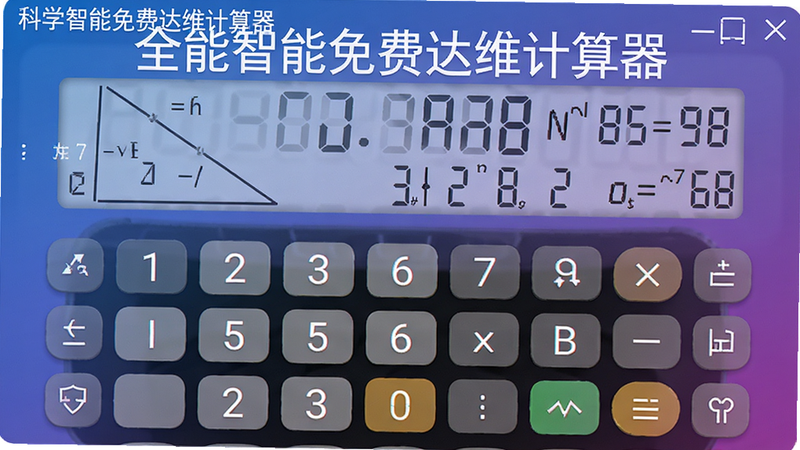 全能智能免费达维计算器科学计算模式预览,屏幕显示三角函数与对数运算界面,按键布局紧凑清晰,数字与符号采用不同颜色区分,背景为渐变蓝紫色,界面干净整洁,突出软件名称“全能智能免费达维计算器”,画质高清,无多余元素