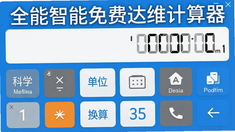 全能智能免费达维计算器主界面截图,展示简洁的计算器布局与功能分类图标,整体风格现代扁平化,配色清爽以蓝白为主,上方显示数字输入区,下方排列科学计算、单位换算、公式查询等按钮,画面干净无多余元素,高清渲染,突出软件名称“全能智能免费达维计算器”字样,画质清晰,无多余元素