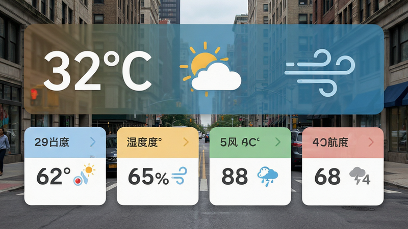 主体:多看天气实时天气数据展示页面,背景为真实城市街景。布局:上方为当前温度与天气图标,下方为湿度、风力等数据卡片。排版:数据卡片整齐排列,字体清晰。风格:写实与扁平结合,色彩明快。细节:温度显示“32℃”,湿度“65%”,微风图标。画质:高清,干净,无多余元素。