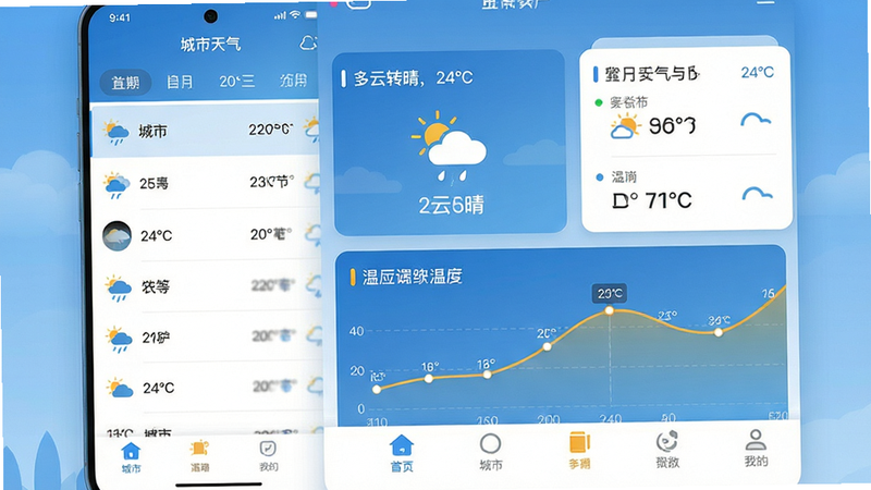 主体:多看天气手机应用界面预览,展示天气主界面与温度曲线。布局:左侧为城市列表与日期,右侧为详细天气数据卡片。排版:现代扁平化风格,信息层级分明。风格:清新自然,蓝白主色调,配合天气图标。细节:屏幕中显示“多云转晴,24℃”等字样,底部有功能导航栏。画质:高清,干净,无多余元素。
