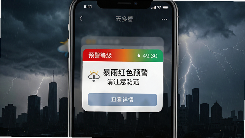 主体:多看天气恶劣天气预警推送通知界面。布局:手机屏幕中央显示预警弹窗,背景为暴风雨城市剪影。排版:弹窗信息简洁,包含预警等级颜色。风格:写实与警示风格结合。细节:弹窗显示“暴雨红色预警,请注意防范”,底部有“查看详情”按钮。画质:高清,干净,无多余元素。
