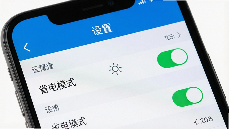 主体:手机屏幕展示多看天气应用设置页面,突出“省电模式”开关。布局:设置列表清晰,开关为绿色。排版:简洁明了,有分类标题。风格:扁平化,蓝白配色。细节:屏幕上方显示“设置”标题,下方有“省电模式”开关。画质:高清,干净,无多余元素。