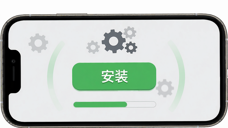 Helix Jump安装器一键安装功能示意图,显示手机屏幕上有一个醒目的绿色“安装”按钮,周围环绕着齿轮和进度条图标,背景为浅灰色,风格简洁明快,画质干净清晰,无多余元素