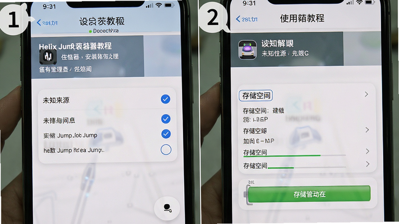 Helix Jump安装器使用教程步骤图,分步骤展示手机设置界面,包括“未知来源”选项和“存储空间”管理,风格写实,画面清晰,无多余元素