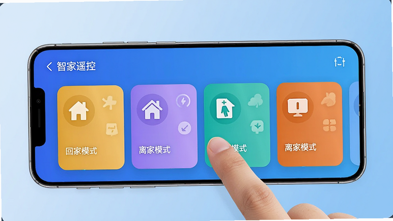 一张智能手机横屏界面,显示“智家遥控”的场景设置页面,屏幕上排列着多个场景卡片,如“回家模式”、“离家模式”,每个卡片有图标和颜色,背景为渐变蓝色,手机下方有一只手正在点击屏幕,整体风格科技感强,画质清晰,干净无多余元素。