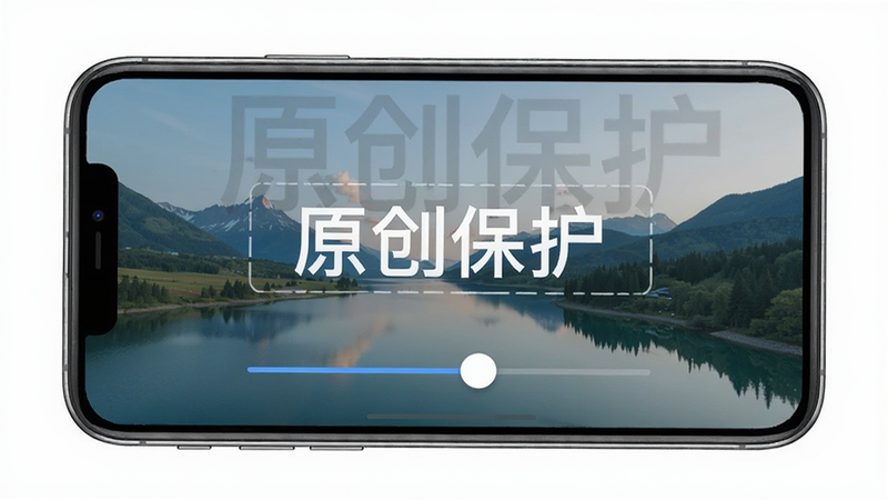 水印云加水印功能演示,主体为手机屏幕展示添加自定义文字水印的效果,水印为“原创保护”字样,背景为一张风景图片,布局居中,风格自然,细节展示水印透明度调节滑杆,画质清晰干净