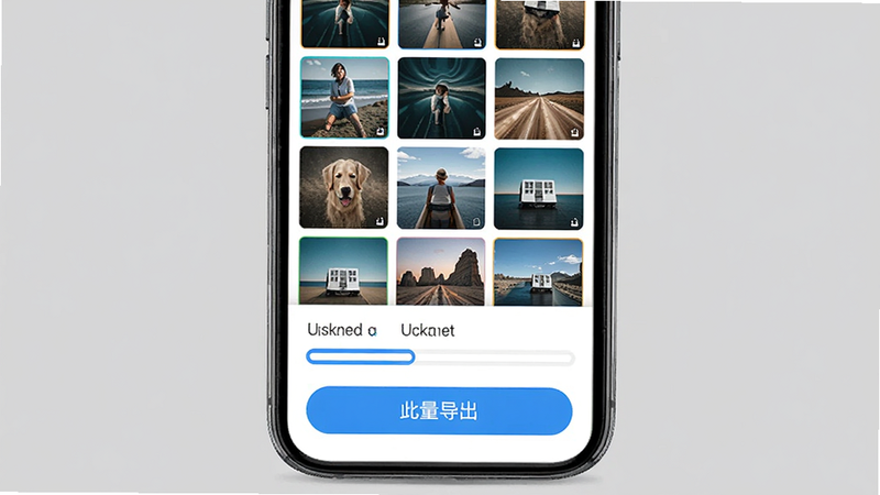 水印云批量处理功能界面,主体为手机屏幕上多张图片缩略图排列,下方有批量导出按钮,背景为纯色,排版整齐,风格简约,细节展示处理进度条,画质清晰干净
