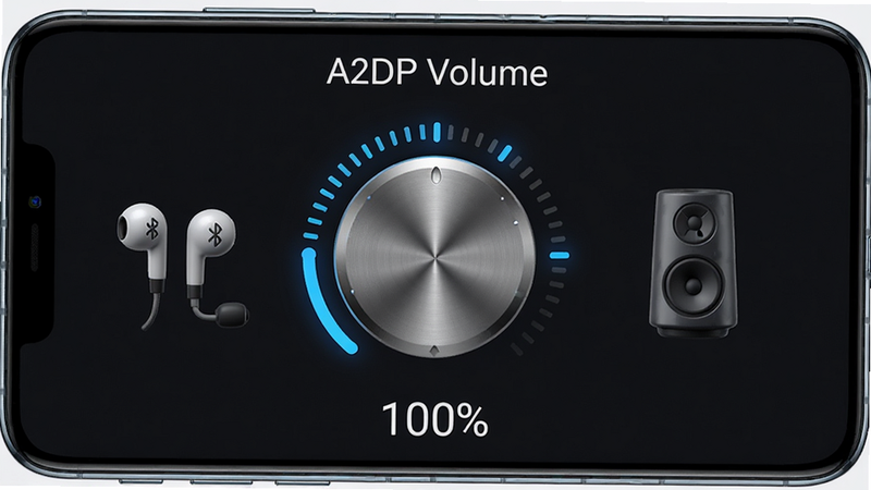 ����������Ⱦ�������Ϊһ���ִ������ֻ�������ʾ����Ļ�����ǡ�A2DP Volume��Ӧ�ý��棬��������ɫΪ������������һ������Բ��������ť����ť��Χ����ɫ����̶ȣ��������һ���������������������3Dͼ�꣬�ײ��������ٷֱ����֡�100%�������ּ�࣬����ͻ�����Ű���У����Ƽ����Ҹɾ���ϸ������ť�н����ʸУ�����8K���޶���Ԫ�أ�����������ʾ��A2DP Volume����