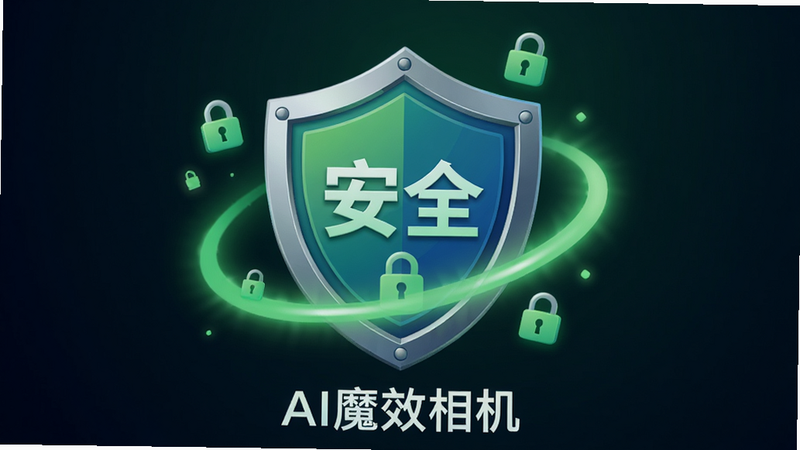 主体:一个盾牌图标,盾牌中央有“安全”字样,周围环绕着绿色的光芒和锁形图案,背景为深色渐变。布局:盾牌居中,四周有光效。排版:简洁明了,图标占画面70%。风格:扁平化与3D结合,色彩以绿色和蓝色为主。细节:盾牌边缘有金属质感,光芒柔和,下方有“AI魔效相机”字样。画质:8K超清,干净,无多余元素。