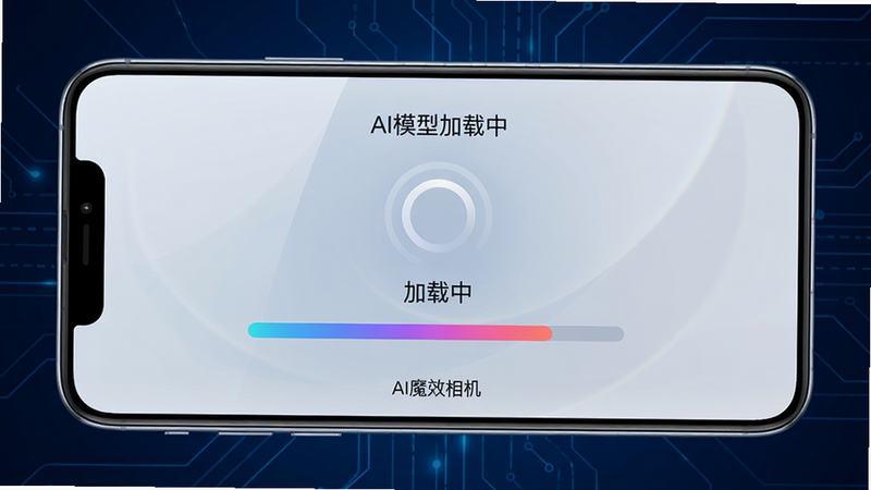主体:一部手机横屏显示AI魔效相机的AI模型加载页面,页面中央有一个旋转的加载圆圈,周围有进度条和“加载中”文字。布局:手机居中,背景为深蓝色科技感线条。排版:手机屏幕占比80%,背景简洁。风格:科技感,光泽效果。细节:屏幕上的进度条渐变色,文字为“AI模型加载中”,下方有“AI魔效相机”字样。画质:8K超清,干净,无多余元素。