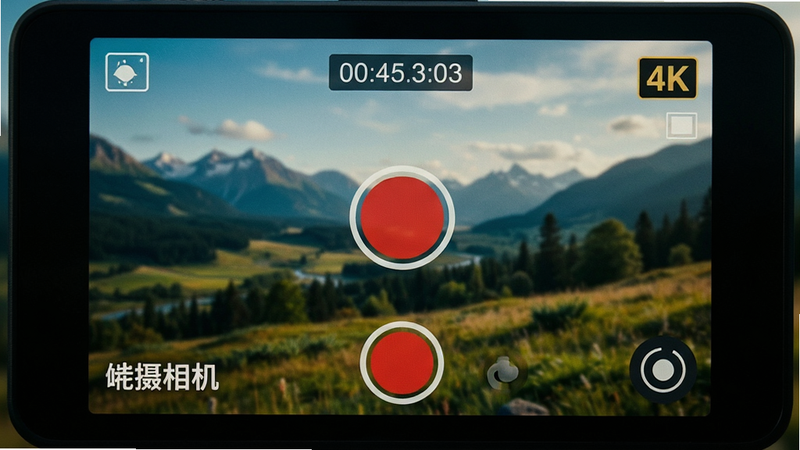 ���壺�������Ƶ¼�ƽ��棬��Ļ��ʾ¼��ʱ���롢�ֱ��ʱ�ʶ��4K���������к�ɫ¼�ư�ť������Ϊ����羰�����½��С��������LOGO�����֣�����ͼ����ťλ�����½ǣ��Ű棺��Ϣ��࣬ͼ���׶�����񣺵�Ӱ�У�ɫ��Ũ����ϸ�ڣ������ȶ���������ʶ�ɼ������ʣ������壬�ɾ��޶���Ԫ��