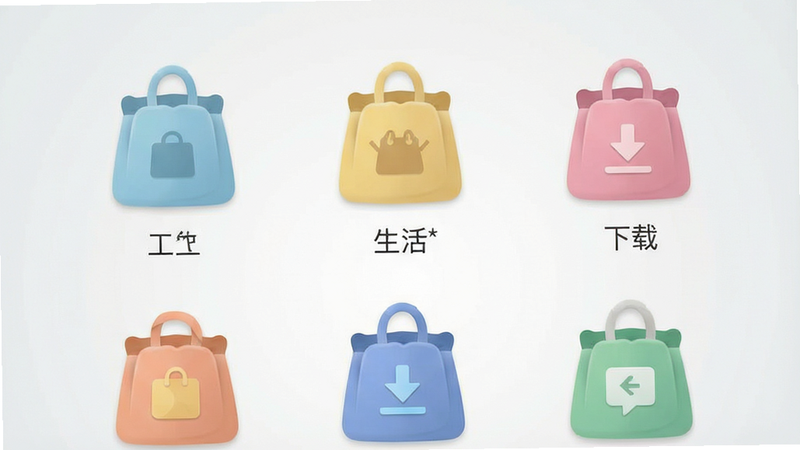 一张展示Bag安卓应用主界面的高清截图,画面中央是几个色彩柔和的虚拟袋子图标,分别标注