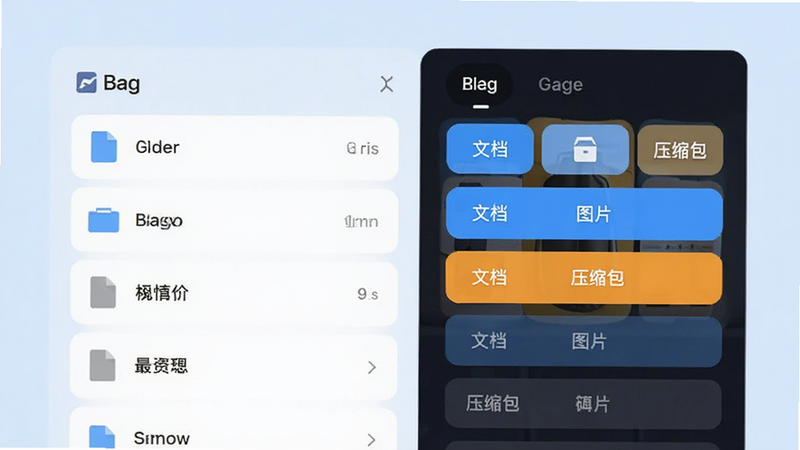 展示Bag应用智能分类功能的界面预览,左侧是文件列表,右侧是分类标签栏,其中