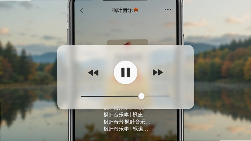 一幅展示手机UI界面的设计稿,主体为“枫叶音乐”播放页,背景是一张模糊的风景照,前景为半透明控制面板,有播放/暂停按钮和进度条,采用浅色主题,风格简洁现代,布局以居中为主,细节有歌词滚动,画质清晰,干净无多余元素
