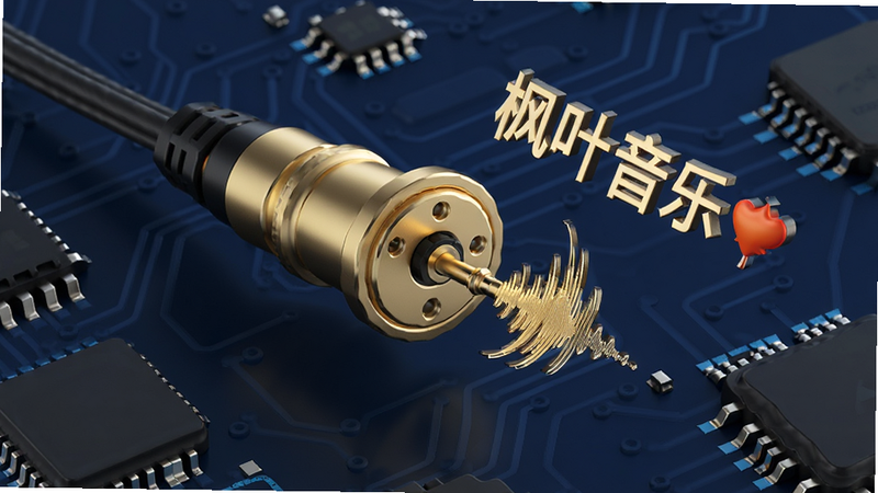 一张高保真音频设备主题的3D渲染图,画面中央为金色耳机插孔与音波图形,旁边悬浮着“枫叶音乐”字样,背景为深蓝色电路板纹理,布局采用对角线构图,风格科技感十足,细节表现线材与芯片质感,画质锐利,干净整洁