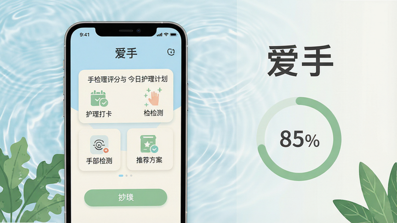 主体:一部智能手机屏幕展示“爱手”应用主界面,界面显示手部护理评分与今日护理计划卡片,背景为淡雅的水波纹与绿植。布局:手机居中偏左,右侧留白区域放置“爱手”字样与护理进度环。排版:信息层级分明,主标题、数据、按钮依次排列。风格:清新简约的扁平插画风,色彩以浅蓝、米白、淡绿为主。细节:手机屏幕内可见“护理打卡”、“手部检测”、“推荐方案”三个图标,进度环显示85%数值。画质:高清,干净,无多余元素。
