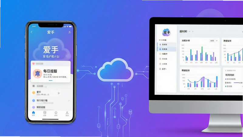 主体:一部手机与一台电脑并排,手机屏幕显示“爱手”护理计划界面,电脑屏幕显示同一账号的数据看板。布局:左右对称,中间用云朵图标连接。排版:手机与电脑屏幕中均清晰显示“爱手”界面。风格:现代科技感,蓝紫渐变背景。细节:手机上有“每日提醒”弹窗,电脑上有数据图表。画质:高清,干净,无多余元素。