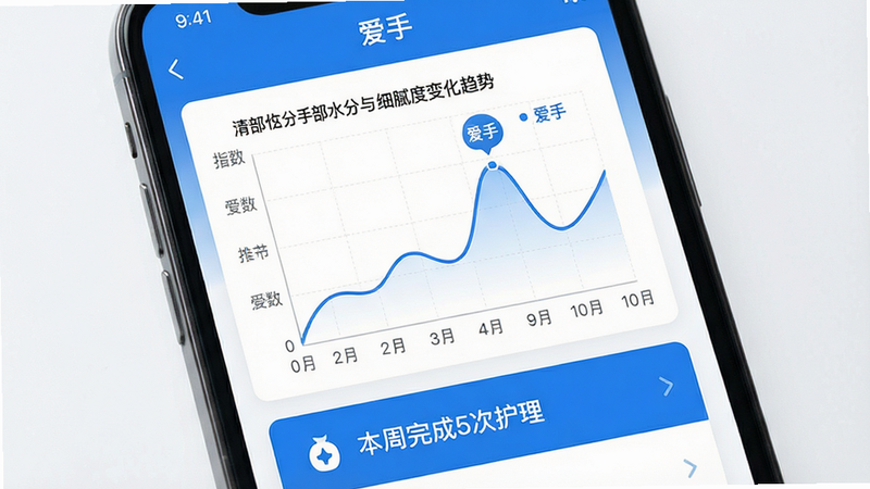 主体:手机屏幕显示“爱手”数据追踪界面,折线图展示手部水分与细腻度变化趋势。布局:图表居中,下方为“本周完成5次护理”卡片。排版:图表横轴为日期,纵轴为指数,清晰标注最优值。风格:商务简洁风,蓝白配色,数据可视化。细节:图表中峰值处有“爱手”小标识,背景有淡淡的网格线。画质:高清,干净,无多余元素。
