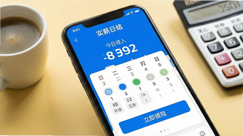 һ�������ֻ���Ļ��д����Ļ����ʾ��ʵн�սᡱAPP�����棬�������������ġ��������롱���֡������򿨼�¼�͡��������֡���ť������Ϊ��ܰ��ǳ��ɫ����̨���ֻ��Է���һ�����Ⱥͼ�����������������дʵ�����ʸɾ��޶���Ԫ��