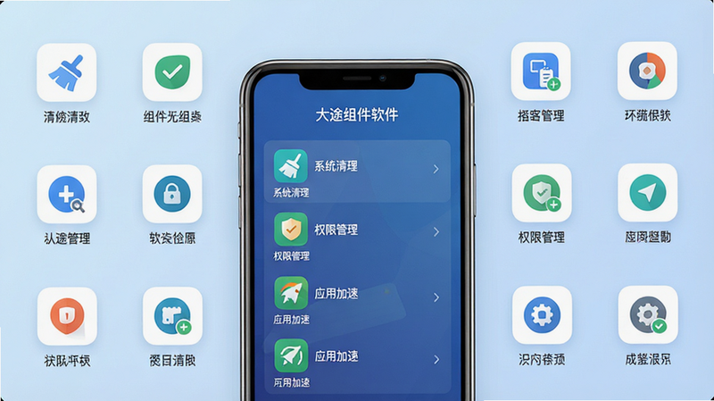 主体:大途组件软件的主界面截图展示,中央显示手机模型,屏幕中呈现组件管理列表,包括“系统清理”、“权限管理”、“应用加速”等图标;布局:手机模型居中,周围环绕功能图标,整体排版清晰有序;风格:现代简约科技风,背景为浅蓝色渐变,图标采用扁平化设计;细节:每个功能图标下方有中文标签,手机屏幕内显示“大途组件软件”字样;画质:高清,干净,无多余元素