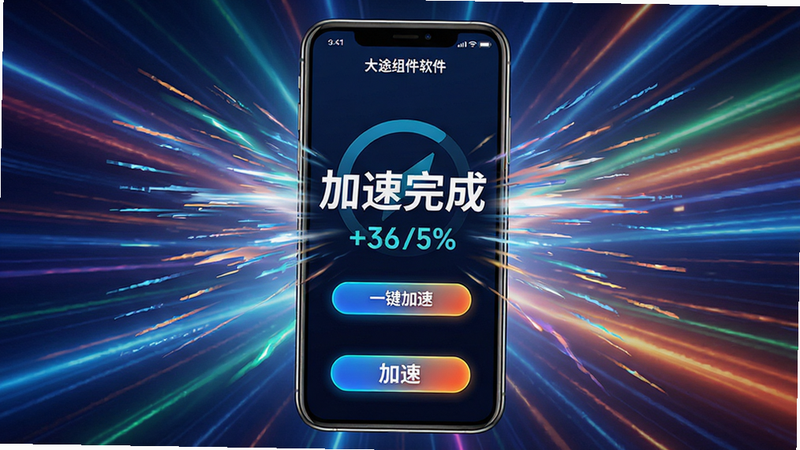 主体:大途组件软件的加速功能演示,手机屏幕显示“加速完成”字样,周围有速度线特效;布局:手机居中,背景为动态光效,加速按钮位于屏幕下方;风格:科技感强烈,色彩鲜艳,突出速度与效率;细节:屏幕内显示“大途组件软件”和“一键加速”按钮,加速完成后显示提升百分比;画质:高清,干净,无多余元素