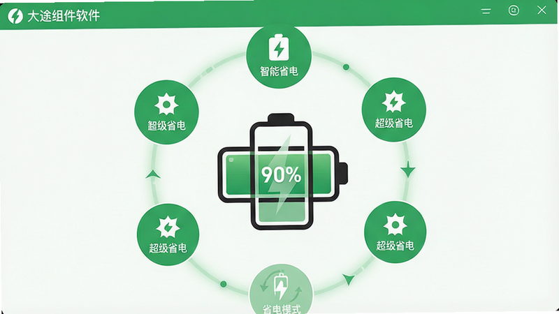 主体:大途组件软件的电池优化界面,显示电池电量和省电模式选项;布局:电池图标位于中央,周围环形分布不同省电模式图标;风格:绿色环保色调,界面清爽;细节:电池图标内有百分比数字,模式图标包括“智能省电”、“超级省电”等,顶部有“大途组件软件”标识;画质:高清,干净,无多余元素