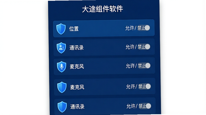 主体:大途组件软件的隐私保护界面,显示应用权限列表,每个权限旁有盾牌图标;布局:列表垂直排列,权限名称左侧为图标,右侧为“允许/禁止”状态;风格:蓝色安全主题,背景为深蓝色,盾牌图标显眼;细节:权限包括“位置”、“通讯录”、“麦克风”等,顶部有“大途组件软件”字样;画质:高清,干净,无多余元素