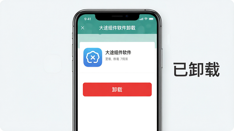 主体:大途组件软件卸载界面,手机屏幕显示应用信息页,有“卸载”按钮;布局:手机居中,界面清晰,按钮突出;风格:简洁,背景为浅色;细节:应用图标和名称显示,卸载按钮为红色,屏幕外有“已卸载”字样;画质:高清,干净,无多余元素