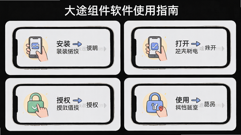 主体:大途组件软件的操作演示,手机屏幕显示使用指南步骤图,包含“安装、打开、授权、使用”四个步骤;布局:四宫格排列,每格内有步骤说明图标;风格:插画风格,色彩柔和,背景为浅灰色;细节:每格下方有文字说明,顶部有“大途组件软件使用指南”标题;画质:高清,干净,无多余元素