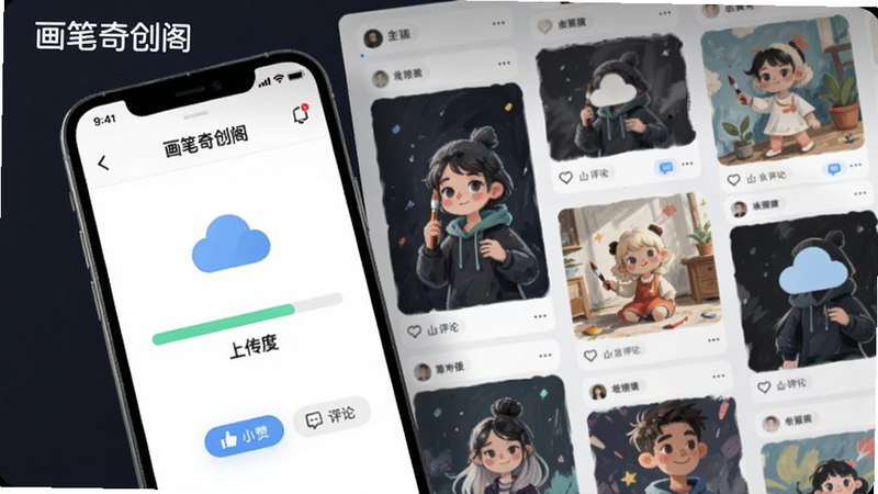 չʾ�����洴���ƶ�ͬ���������������ܵĽ��棬������һ���ֻ���Ļ��ʾ��Ʒ�ϴ��������������������ٲ�����Ʒǽ�����ֲ��öԽ��߹�ͼ������ִ��Ҿ����罻��Χ��ϸ����ͻ���ƶ�ͼ����������۰�ť�����ʸ���ɾ����޶���Ԫ�أ�ͼƬ�ϴ��С������洴������