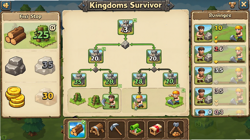 ͼƬ����Ϊ��Kingdoms Survivor����Ϸ����Դ�������棬�������Դͼ�꣨ľ�ġ�ʯͷ����ң����м�Ϊ�Ǳ�������״ͼ���Ҳ��ǲ���ѵ�����У�����Ϊ���Ͳ�����ϷUI���ײ��п�ݽ��������Ű��������ȼ�������Ŀ�����ͨдʵ��ɫ��������ϸ����ʾ���˿������󹤲�ʯ���������ʸɾ����޶���Ԫ��