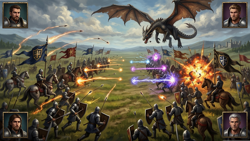ͼƬ����Ϊ��Kingdoms Survivor������ս������������������ƽԭ�϶��ţ�����о����ɹ��������������˻��£�����Ϊ����ӽǣ�������ս���������ǹ��������ͷ���Ű��ΰ��ս����ЧѤ�������дʵ�����������ͻ��ʸУ�ϸ�ڰ���ʿ����桢��ʸ�켣��ħ����ը�����ʸ��壬��̬��ǿ���޶���UI