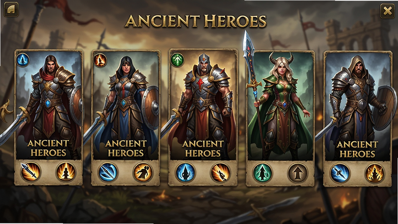 ͼƬ����Ϊ��Kingdoms Survivor��Ӣ��ѡ����棬չʾ��λӢ�����棬�����������ħ�ã�ÿ��Ӣ���·��м���ͼ�ꣻ����Ϊ���򻬶���Ƭʽ�������ǹ�ս�����Ű����࣬Ӣ�������ý�ɫ���塰ANCIENT HEROES����ϸ�ڰ������������������������ʾ�ϸ�������黯���޶�������