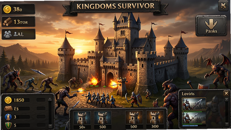 ͼƬ����Ϊ��Kingdoms Survivor����Ϸ�������ͼ���չʾһ�������ͳǱ��ڻƻ��±�����Χ������Ҳ�����������Դ����������ͼ��;����б������ֲ��ú���ͼ���Ǳ����У������ʾ���/ľ��/�˿ڣ��Ҳ�Ϊ������ť���Ű�ο���������UI����ťͼ�����������ֱ�ǩ��KINGDOMS SURVIVOR��λ�ڶ�����������дʵ����Ӱ�Ա�ǿ�ң�ͻ��ս�����ŸУ�ϸ�ڰ���ʿ���жӡ��������䡢������Ч�����ʸ��壬����ϸ�壬�޶���UIԪ��