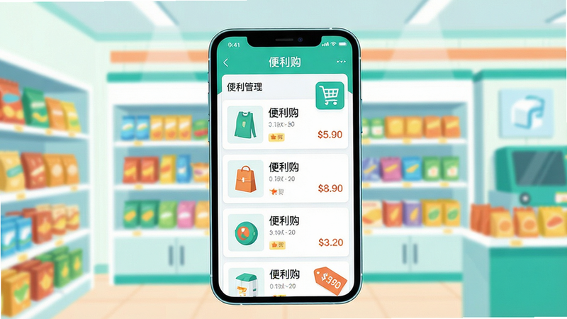 现代简约风格的主视觉图,展示一部智能手机屏幕中运行“便利购”应用,屏幕上有商品列表、购物车图标和价格标签,背景是明亮的便利店货架,色调清新明快,突出购物便利与智能管理主题,主体突出,布局居中,排版简洁,风格扁平化插画,细节丰富,画质高清干净,无多余元素