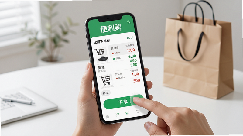 展示“便利购”一键下单功能,手机屏幕显示多个购物平台比价结果,手指点击下单按钮,背景是简约桌面与购物袋,主体突出,布局清晰,排版直观,风格现代,细节丰富,画质高清干净,无多余元素