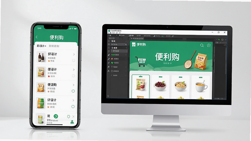 展示“便利购”应用在手机和电脑模拟器上的运行界面,手机屏幕显示购物清单,电脑屏幕显示模拟器中的便利购界面,背景简洁,主体突出,布局对比鲜明,排版清晰,风格实用,细节丰富,画质高清干净,无多余元素