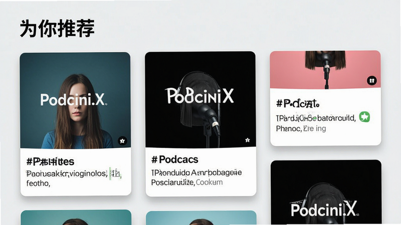 一张Podcini.X应用“为你推荐”页面的概念图,页面顶部标题为“为你推荐”,下方以瀑布流形式展示多个播客节目卡片,每个卡片包含节目封面、标题与简介,卡片间有细微阴影区分,背景采用浅灰色,整体风格简洁明快,突出个性化推荐的主题,画质干净,无多余元素