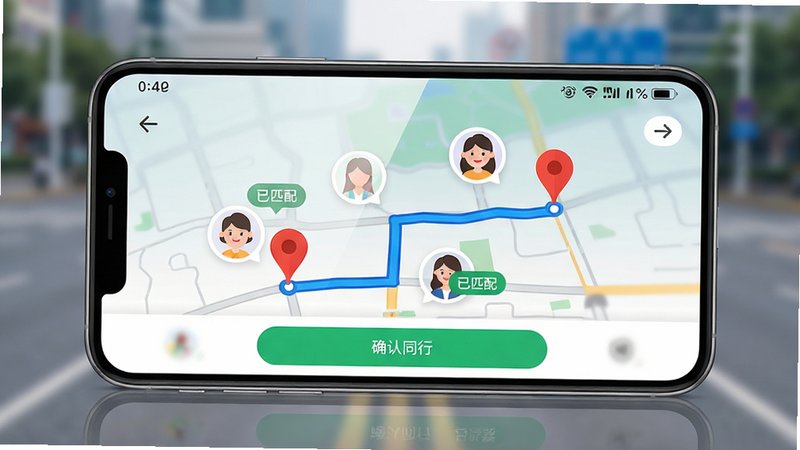 ���壺�ֻ���Ļ��չʾ�Ź�˳�糵APP��·��ƥ����棬����������һ���Ӵֵ���ɫ�滮·�ߣ������յ�����Ŀ�ĺ�ɫͼ����ǣ�·���ܱ��ж���˿�ͷ�����������ڸ�����������������ʾ����ƥ�䡱��ǩ�����֣��ֻ���������չʾ������Ϊ��͵��黯���е�·�����Ű棺����UIԪ��������·��ͼռ��Ҫ�Ӿ����򣬵ײ��С�ȷ��ͬ�С�����ɫ��ť����񣺱�ƽ����UI��Ʒ��ɫ�����죬ͻ���Ƽ�����ʵ���ԡ�ϸ�ڣ���Ļ����ϸ΢�ķ��⣬����״̬����ʾʱ��͵�����һ���˿�ͷ�������ϴ���Ц�������ʣ��������ȣ�����ϸ���������ɾ����޶���Ԫ�ء�
